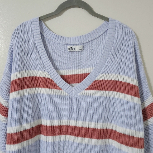 HOLLISTER Preppy Oversized Chunky Knit Striped V-Neck Pullover Sweater, Size L - Picture 3 of 13